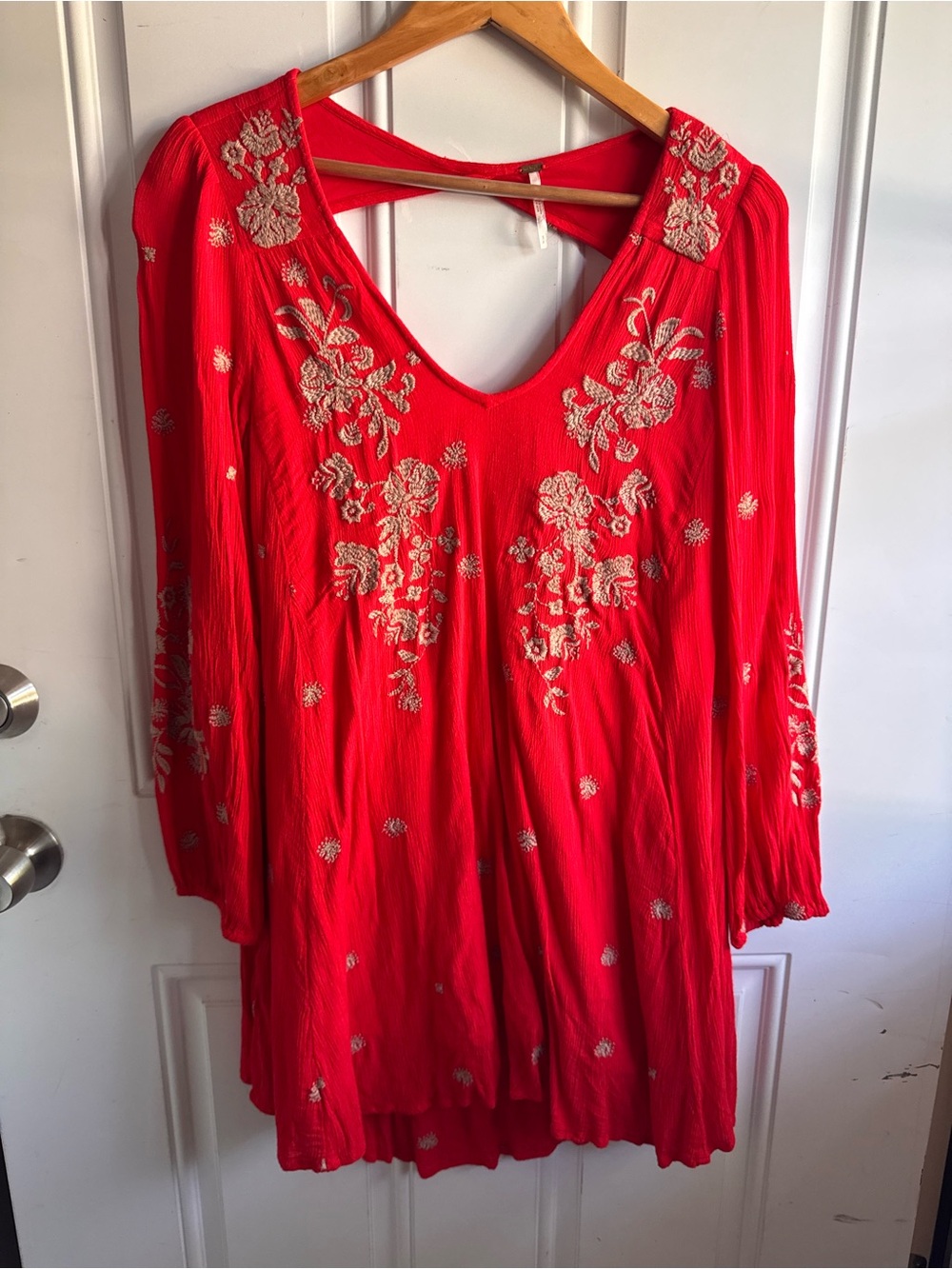 Free People Red Floral Embroidered V-Neck Midi Dress